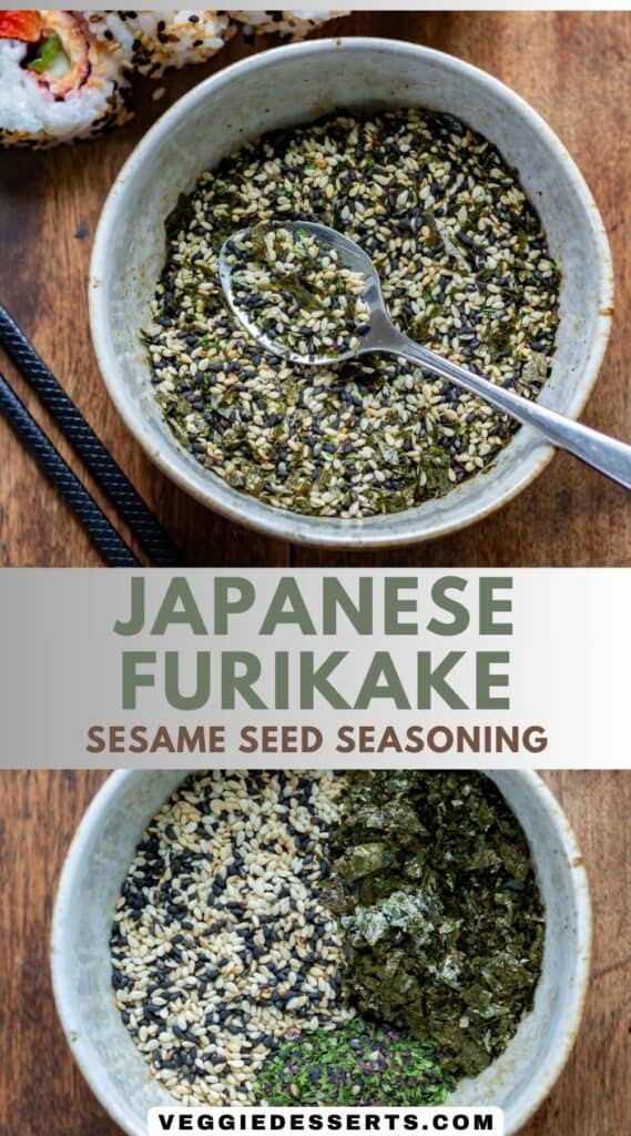 Dishes of seasoning, with text: Japanese Furikake Sesame Seed Seasoning.